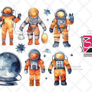فایل لایه باز مجموعه وکتور نقاشی فضانورد نارنجی رنگ