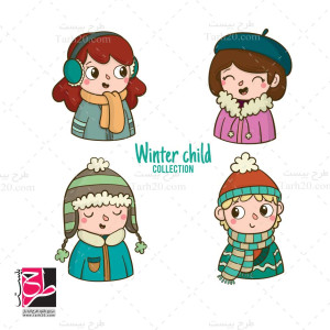 طرح لایه باز وکتور کودکان با لباس زمستانی